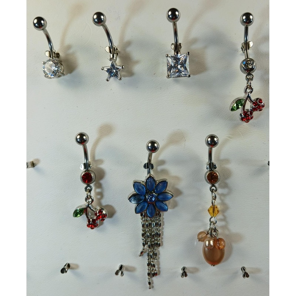 Vintage 90s Belly Button Rings 316L Surgical Steel 14G Cherry Flower CZ 7pc Set - Picture 7 of 17